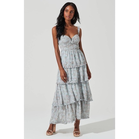 ASTR The Label Dresses & Skirts - ASTR Tiered Maxi Dress Size XL Blue Floral Romantic Ruffle Boho Summer